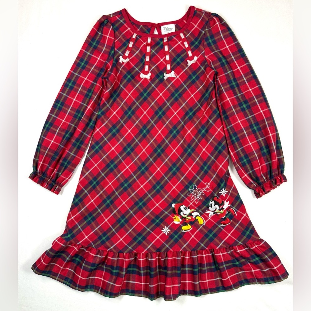 DISNEY STORE Girls Plaid Mickey Minnie Ice Skating Christmas Nightgown 5-6 Cozy